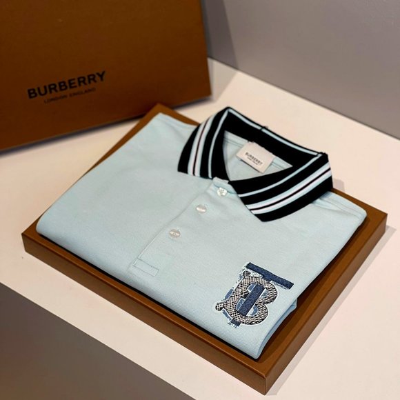 Burberry Men's Soft Blue Cotton Polo Shirt Large